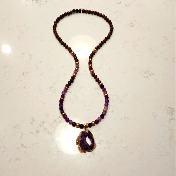 Purple & Gold Quart Necklace with Beads New - Picture 1 of 5